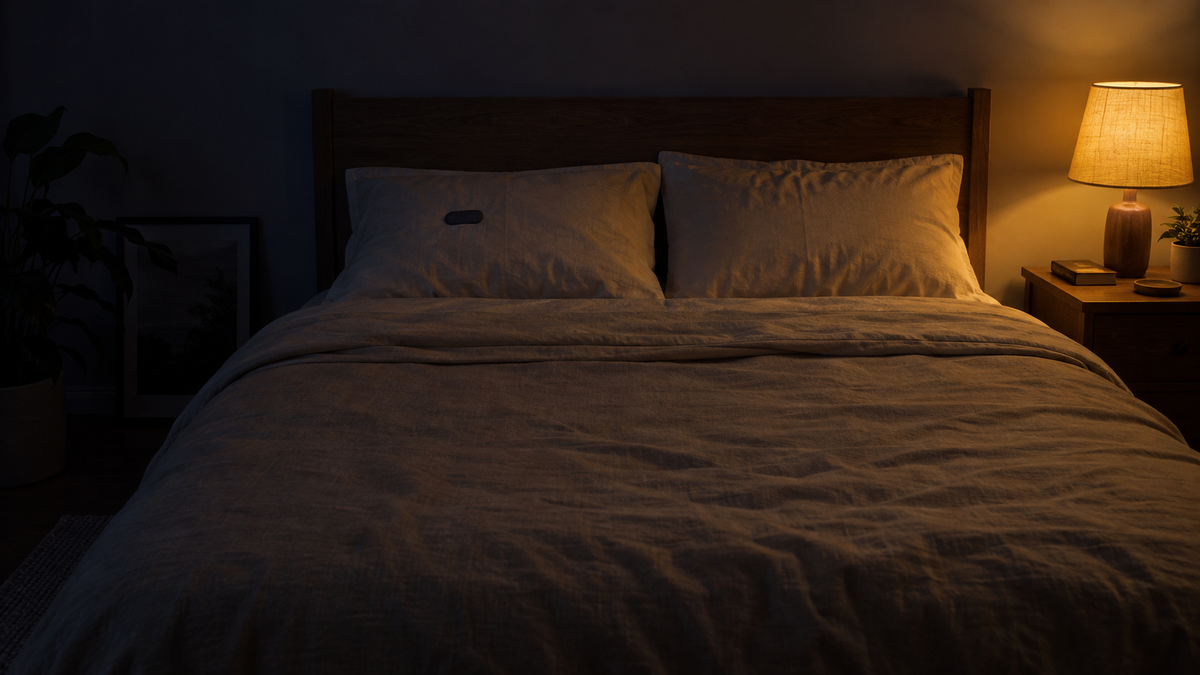 Dark bedroom at night with an amber lamp and Soneca mouth tape on the pillow