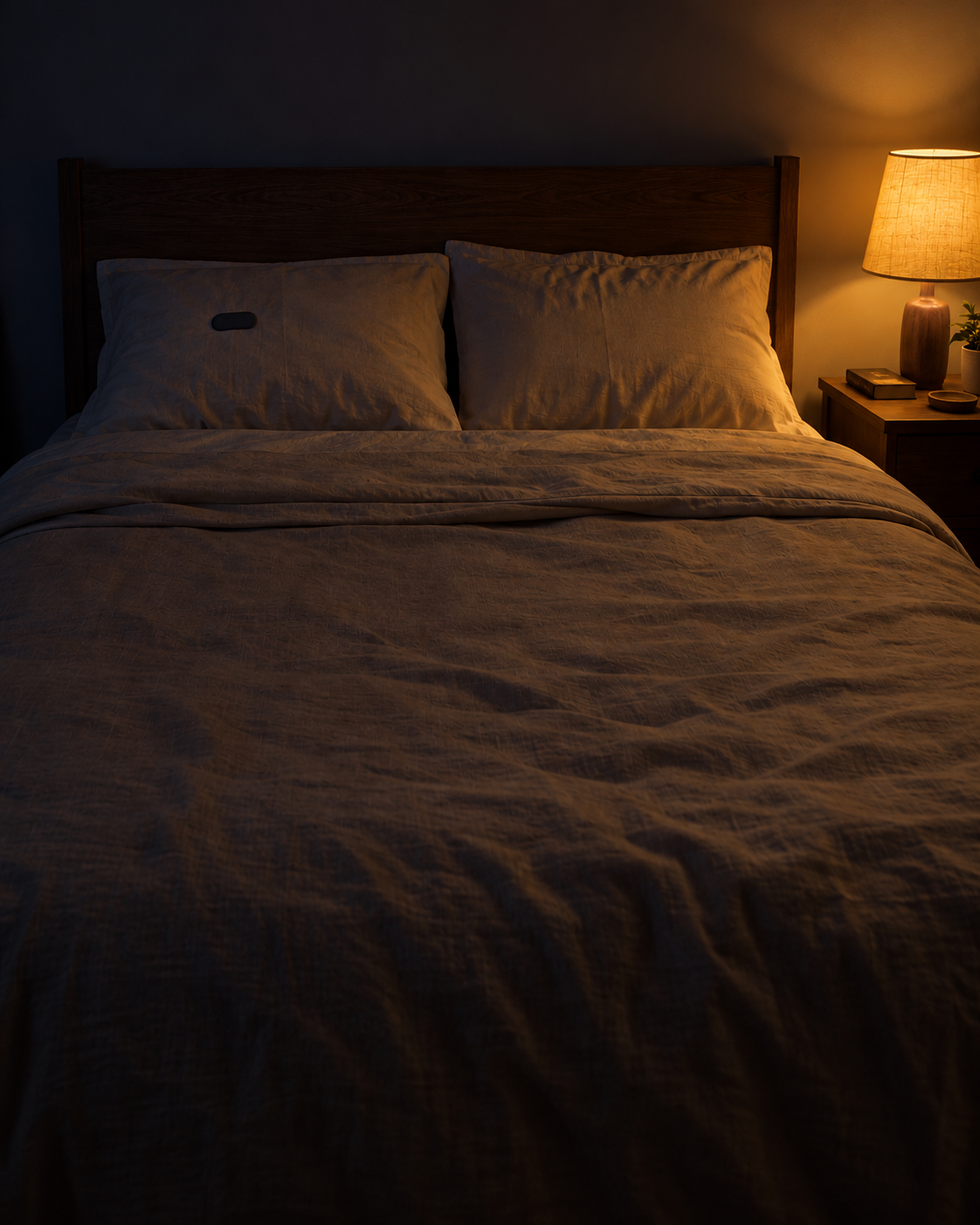 Dark bedroom at night with an amber lamp and Soneca mouth tape on the pillow