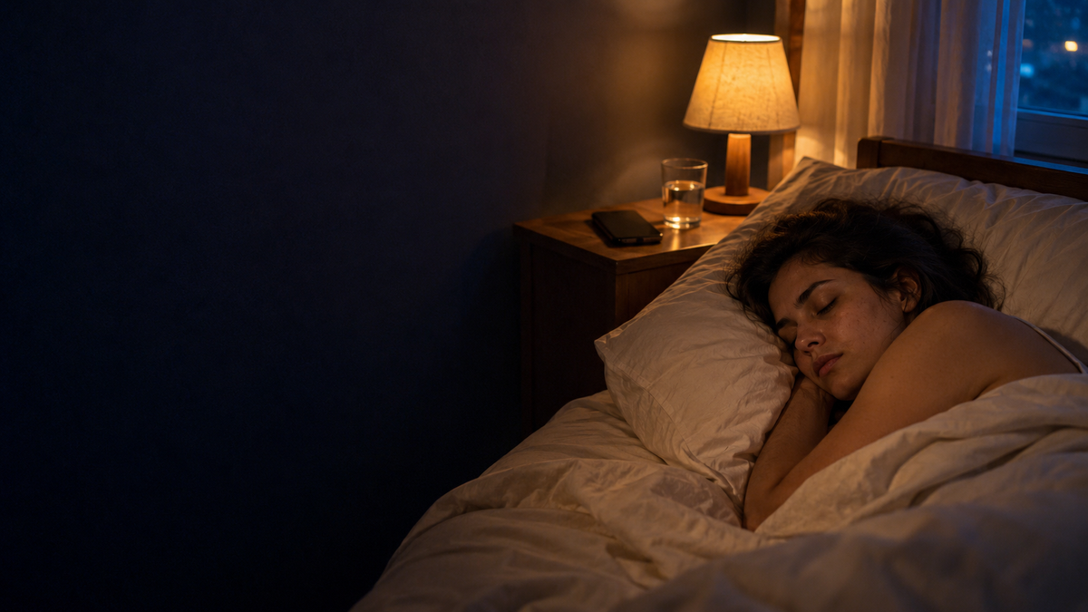 Woman sleeping in a dark bedroom with an amber bedside lamp — Soneca