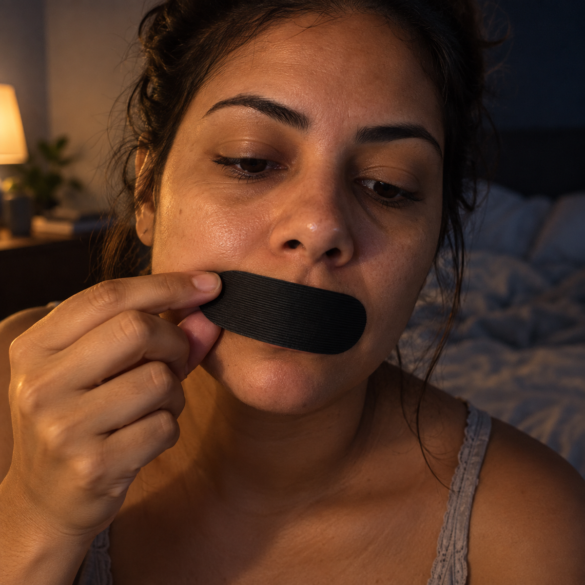 Woman applying Soneca mouth tape before bed