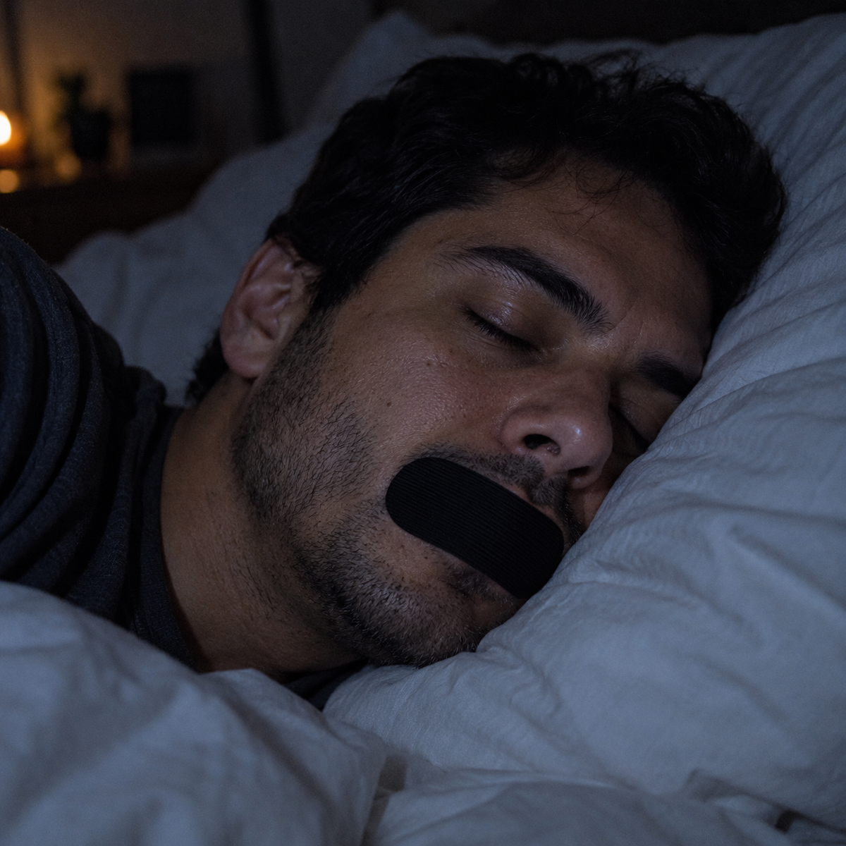 Man sleeping on his side with Soneca mouth tape, breathing through his nose