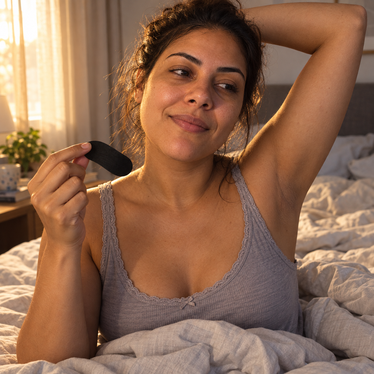 Woman waking up rested holding Soneca mouth tape